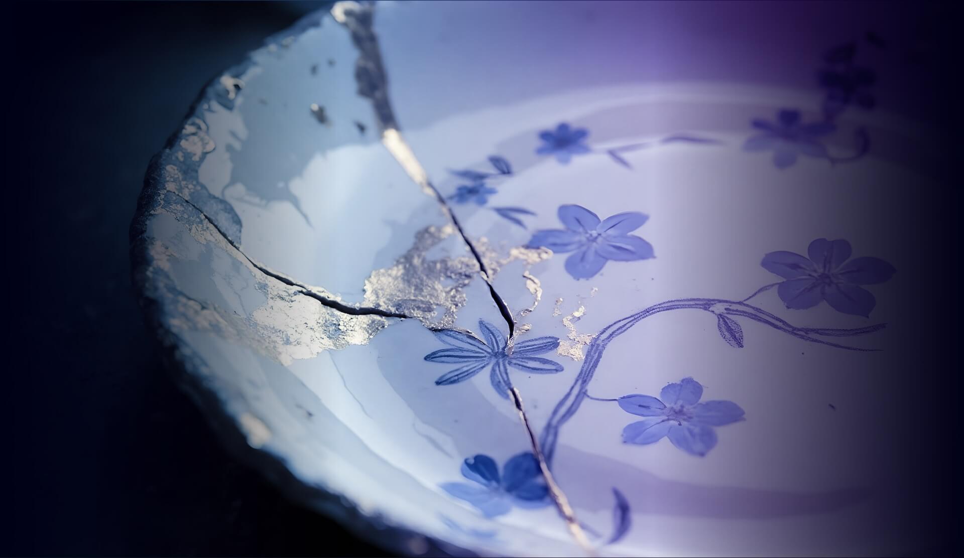 Plato de porcelana roto sobre fondo oscuro, simbolizando la fragilidad emocional y la presión por aparentar estar bien.